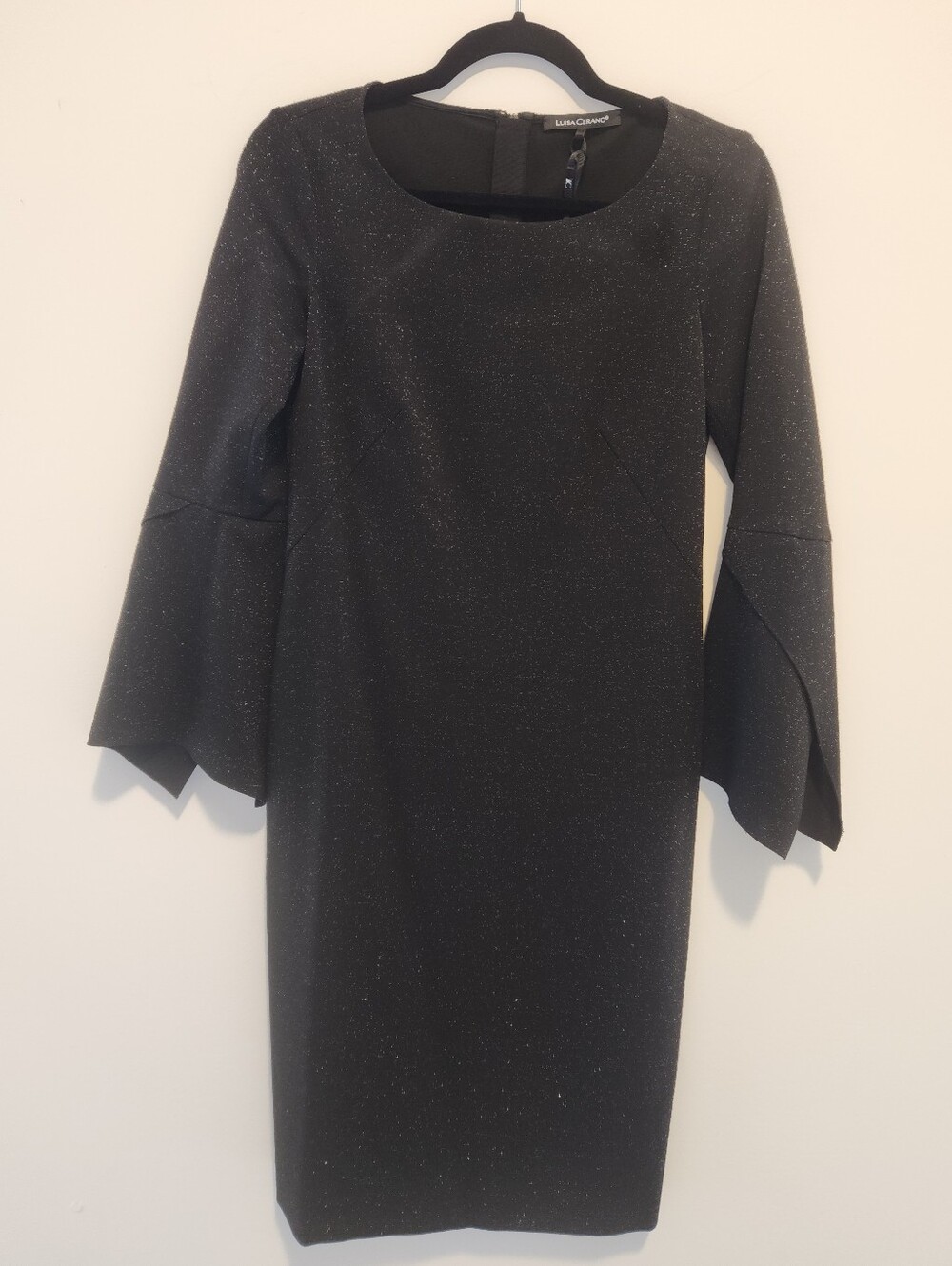 Luisa Cerano Black Sparkle Bell-Sleeve Sheath Dress